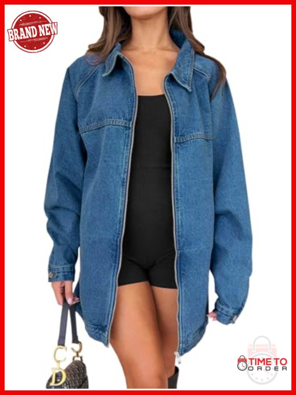 Oversized Distressed Denim Jacket Long Sleeve Zip Up Boyfriend Jean Coat